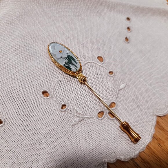 Vintage White Daffodil Stick Pin Retro Flower Jewelry Men Women Unisex - Picture 7 of 10